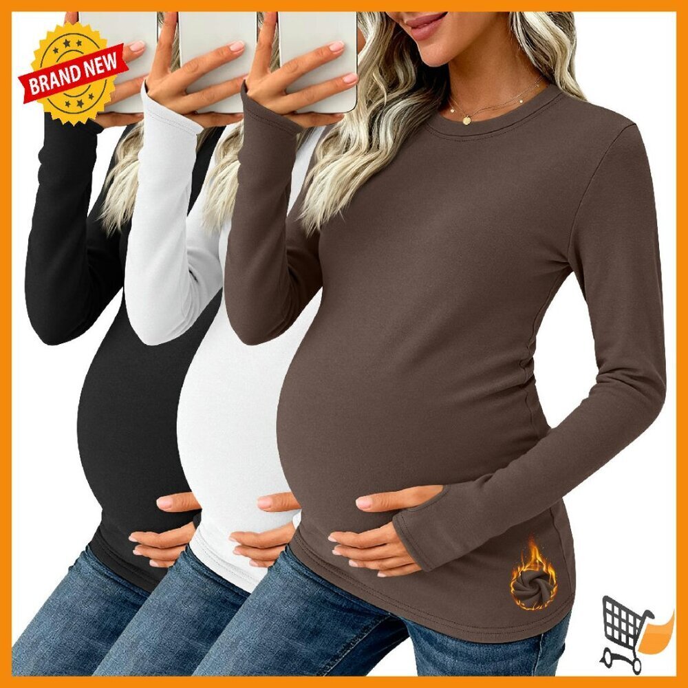 Maternity Thermal Long Sleeve Shirts 3 Pack Fleece Lined Thumb Hole
